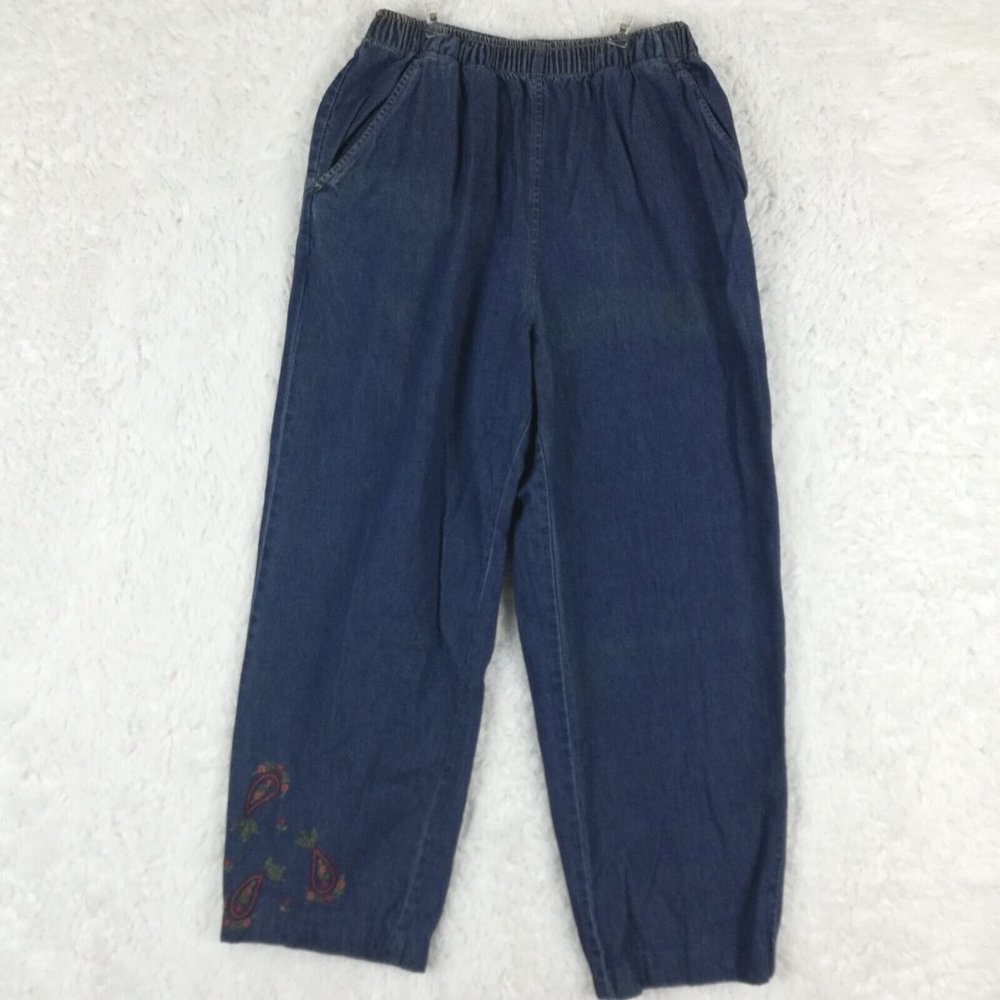 Erika Womans Jeans Straight Leg Blue Denim Embroidered Floral Elastic Petite PM‎